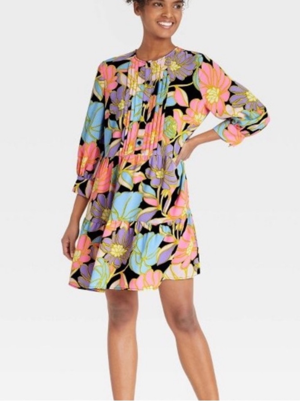 Who What Wear Bright Pastel Floral Pintuck Detail Tiered Dress Size Medium‎